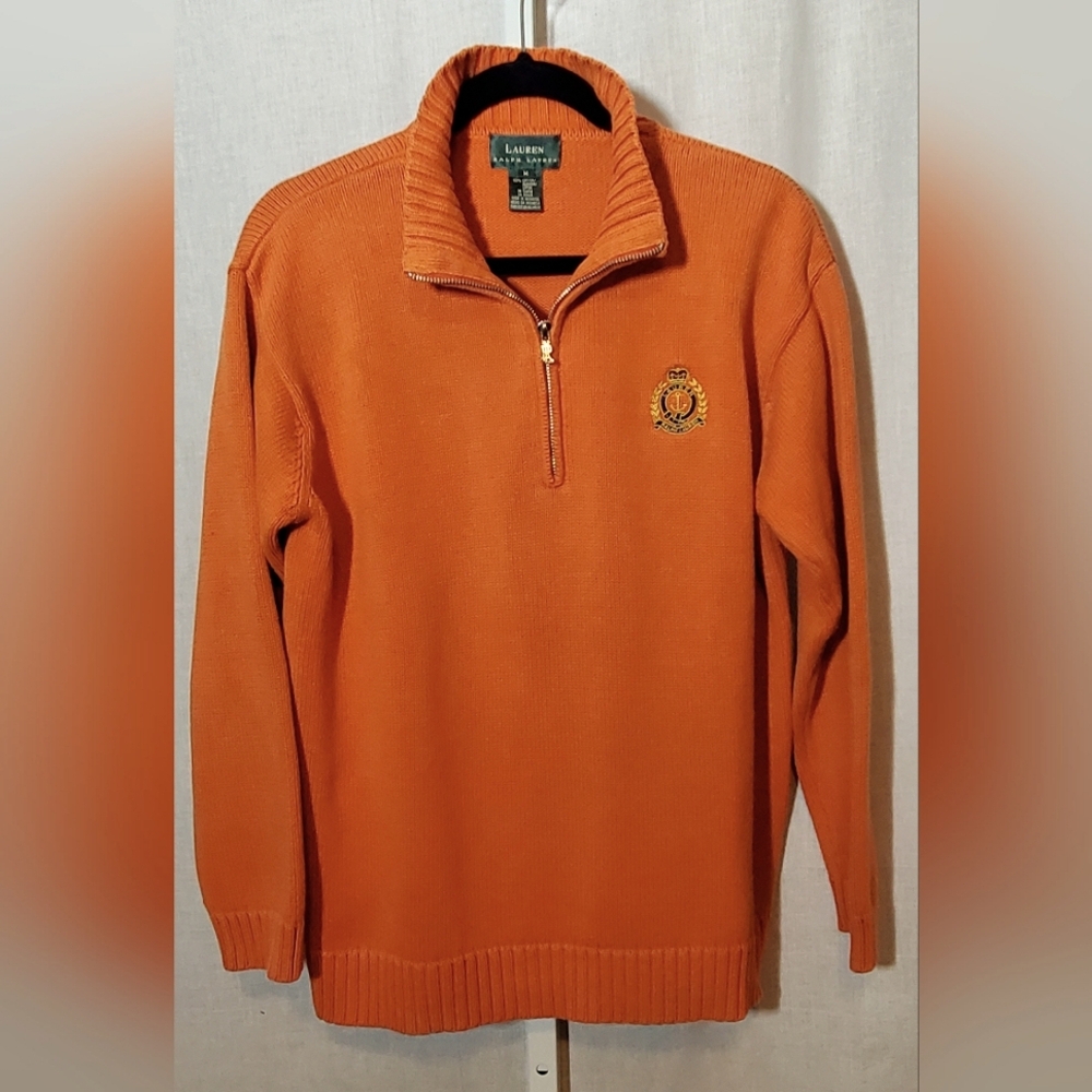 Men's Ralph Lauren 1/4 Zip Cotton Knit Orange Sweater Embroidered Logo Size M